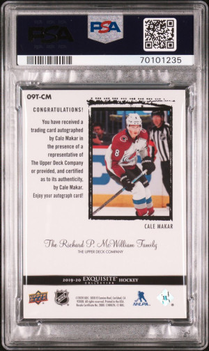 Cale Makar Exquisite Auto 1/ 99 Rookie Auto POP 4 back