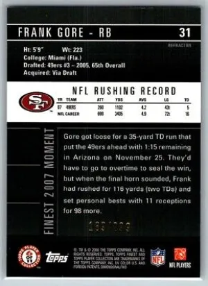 Frank Gore 2008 Topps Finest Refractor 189/299 #31 San Francisco 49ers back