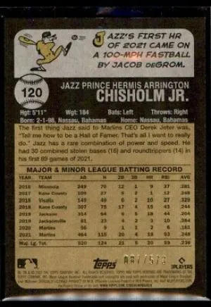 Jazz Chisholm Jr. 2022 Topps Heritage Chrome Red Refractor 087/573 #120 Miami back