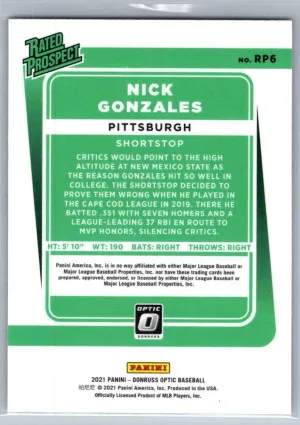 2021 Donruss Rated Prospects Diamond Nick Gonzales Pittsburgh Pirates #RP6 back