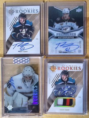 4 card autographs lot Troy Terry & John Gibson Upper Deck Ultimate & Ice Premieres Anaheim Ducks front
