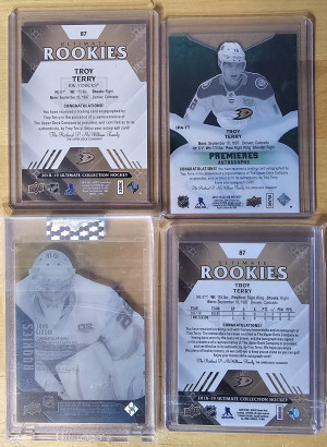 4 card autographs lot Troy Terry & John Gibson Upper Deck Ultimate & Ice Premieres Anaheim Ducks back
