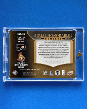 2018-19 The Cup Dual Honorable Numbers - Drake Batherson & Carter Hart Rookie Auto Patch 07/79 #HN2-HB back