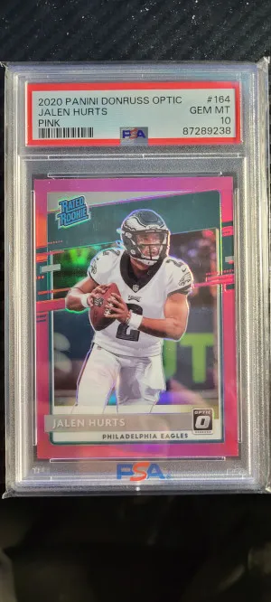 2020 Optic Jalen Hurts Pink Rated Rookie PSA 10 front