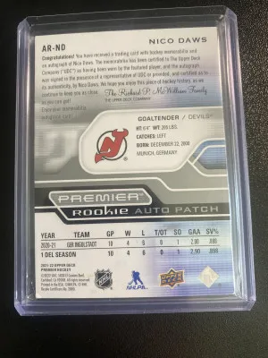 Nico Daws 21-22 Premier Rookie Auto Patch /249 back