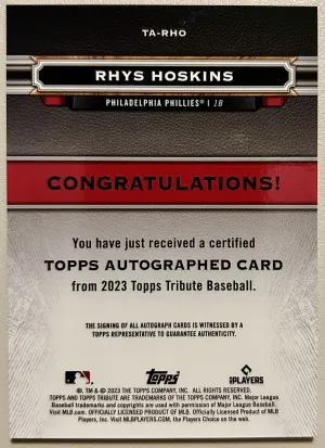 2023 Topps Tribute Rhys Hoskins Green Auto /99 Philadelphia Phillies TA-RHO back
