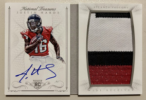 2015 Panini National Treasures /99 Justin Hardy #RBV-JH Rookie Auto 3-Color RPA Booklet front