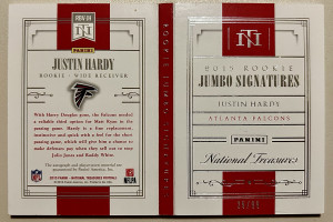 2015 Panini National Treasures /99 Justin Hardy #RBV-JH Rookie Auto 3-Color RPA Booklet back