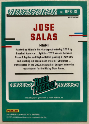 2023 Panini Donruss Jose Salas Optic Rated Prospect Silver Prizm #RPS-JS Marlins back