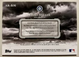 2013 Bowman Inception Brad Miller Auto Relic AR-BM Seattle Mariners SP back