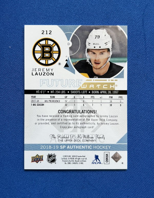 2018-19 SP Authentic Jeremy Lauzon Future Watch Auto /999 #212 RC back