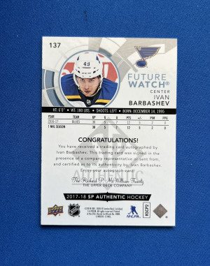 2017-18 SP Authentic Ivan Barbashev Future Watch Auto /999 #137 back