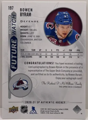 2021-22 SP Authentic Hockey Bowen Byram #197 Future Watch Auto FWA /999 back