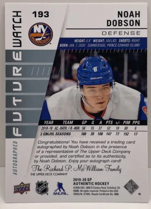 2019-20 SP Authentic Noah Dobson #193 Future Watch Auto FWA /999 back