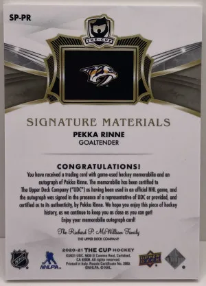 2020-21 Upper Deck The Cup Pekka Rinne #SP-PR Signature Materials /99 back