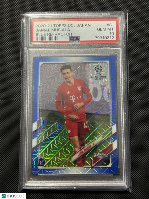 Jamal Musiala 2020-21 Topps UCL Japan Blue Refractor Rookie RC /75 PSA 10 Bayern front