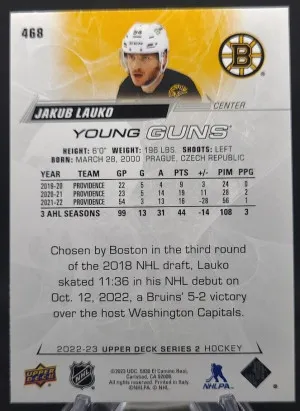 Jakub Lauko 2022-23 Upper Deck Young Guns #468 back