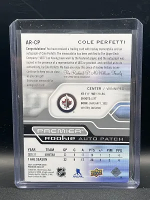 2021 Upper Deck Premier Cole Perfetti Rookie 3-color Patch Auto /99 back