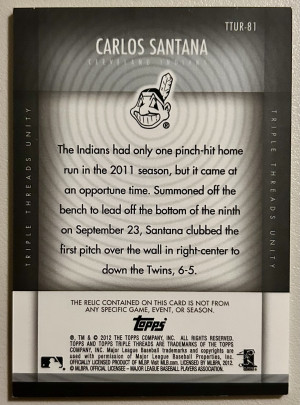 2012 Topps Triple Threads Carlos Santana Patch TTUR-79 /36 Cleveland Guardians back