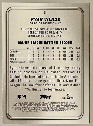 2022 Bowman Platinum Blue Ryan Vilade /150 Colorado Rockies RC back