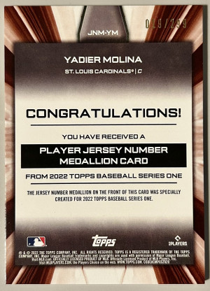 2022 Topps Yadier Molina Black /299 Number Medallion #JNM-YM St. Louis Cardinals back