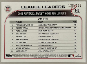 2022 Topps League Leaders Red Foil/199 Fernando Tatis Jr Adam Duvall Pete Alonso back