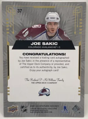 2021-22 Stature Hockey Joe Sakic #37 Emerald On Card Auto Autograph /10 back