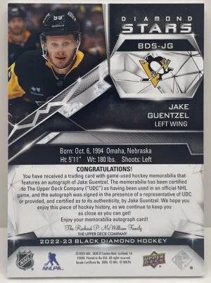 2022-23 Black Diamond Hockey Jake Guentzel #BDS-JG Diamond Stars Patch Auto /10 back