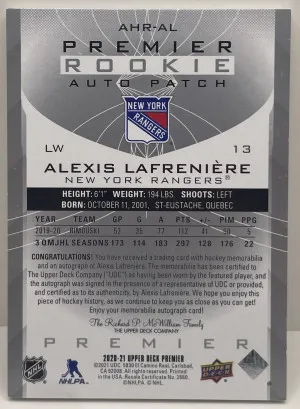 2020-21 Upper Deck Premier Alexis Lafreniere Premier Rookie Auto Patch RPA /49 back