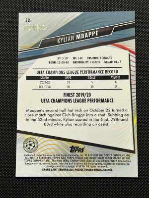 KYLIAN MBAPPE 2020-21 Topps Finest UCL Pink Refractor /125 #52 WC France PSG back