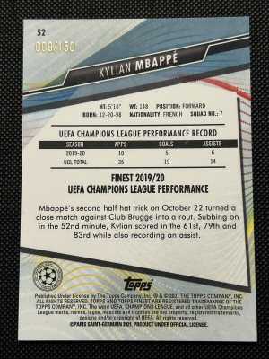 Kylian Mbappe 2020-21 Finest UEFA Champions League Blue Refractor #52 /150 PSG back