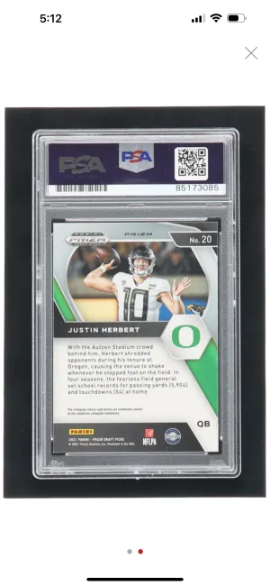 Justin Herbert Signed 2021 Panini Prizm Draft Picks Prizms Red White and Blue #20 (PSA) back