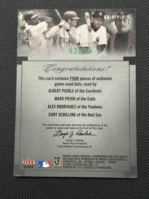 Albert Pujols Mark Prior Alex Rodriguez Curt Schilling 2004 Fleer Bat Rack /75 back