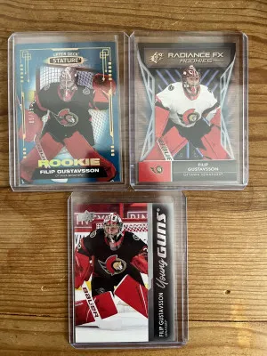 Filip Gustavsson Rookie Lot (21-22 Stature 5/35, 21-22 raw Young Gun, 21-22 SPX Radiance FX) front