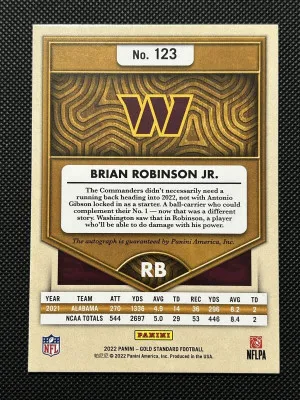 Brian Robinson Jr 2022 Gold Standard Platinum Rookie Auto RC #/25 Commanders NFL back