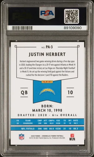 2020 Panini Chronicles Panini Justin Herbert #PA3 Rookie PSA 10 back