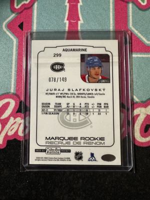 2022-23 O-Pee-Chee Platinum #299 Juraj Slafkovsky Aquamarine Rookie /149 RC back