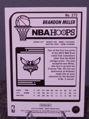 Brandon Miller 2023 Hoops #284 Tribute - Yellow splash Rookie back