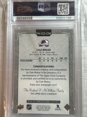Cale Makar Chronology Auto PSA 9 POP 4 … none higher back
