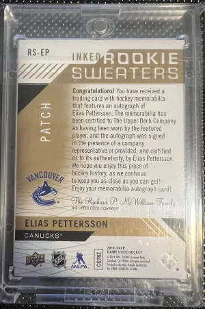 Elias Pettersson Inked Rookie Sweaters RPA /49 back