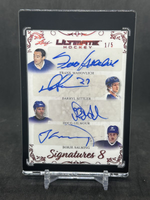 Frank Mahovlich, Darryl Sittler, Doug Gilmour, Borje Salming, Mats Sundin, Dick Duff, Felix Potvin, Lanny MacDonald 2023 Leaf Ultimate Hockey Signatures 8 #US8-4 /5 Maple Leafs Legends! front
