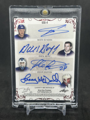 Frank Mahovlich, Darryl Sittler, Doug Gilmour, Borje Salming, Mats Sundin, Dick Duff, Felix Potvin, Lanny MacDonald 2023 Leaf Ultimate Hockey Signatures 8 #US8-4 /5 Maple Leafs Legends! back