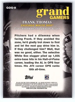 2024 Topps Series 1 Grand Gamers Insert #GOG-8 Frank Thomas Chicago White Sox back