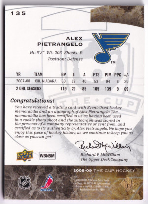 2008-09 The Cup Alex Pietrangelo RC Rookie Auto Patch RPA #135 081 /249 back