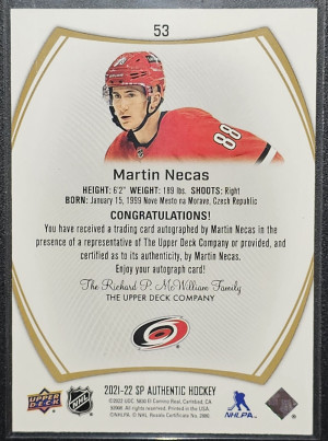2021-22 SP Authentic Martin Necas Limited Autograph Auto #53 back
