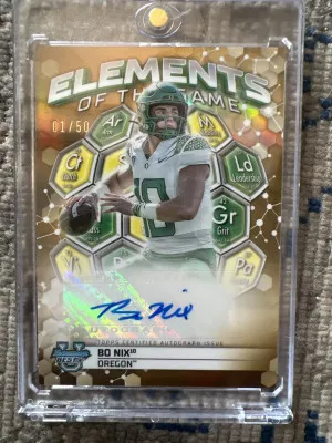 2023 Topps Elements of the Game Bo Nix Auto Gold First on Print out of 50 front