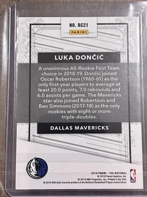 2019 Luka Doncic Panini The National RC /299 back