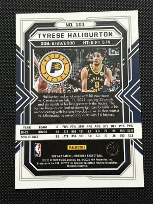 Tyrese Haliburton 2021 Obsidian #101 Electric Etch Yellow Flood /10 Pacers back
