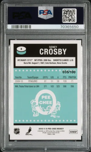2010 Upper Deck O-Pee-Chee Sidney Crosby #8 Retro-Black Rainbow #'d /100 PSA 9 back