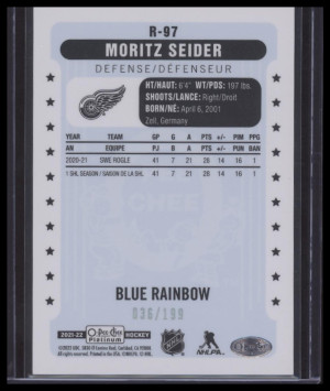 2021-22 O-Pee-Chee Platinum #R-97 Moritz Seider Retro Rookie Blue Rainbow #/199 back